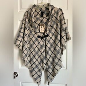 NWT-Plaid Poncho with Black and Cream Design-One Size-Can Be Worn 4 ways